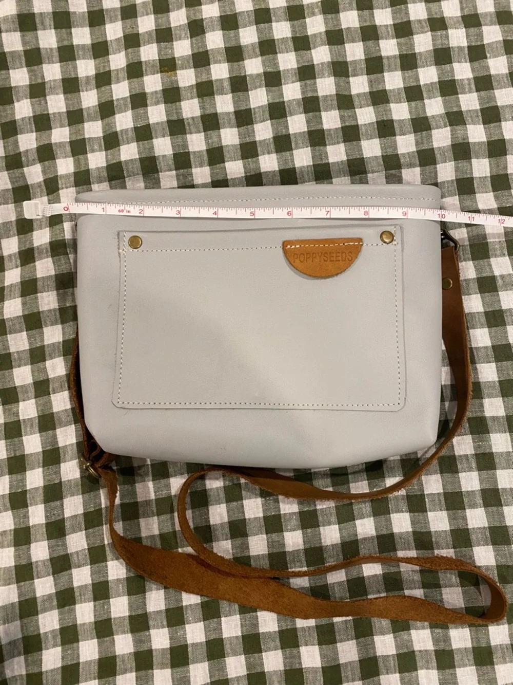 Leather Light Gray Crossbody Bag with Tan Leather Accents - Picture 7 of 8